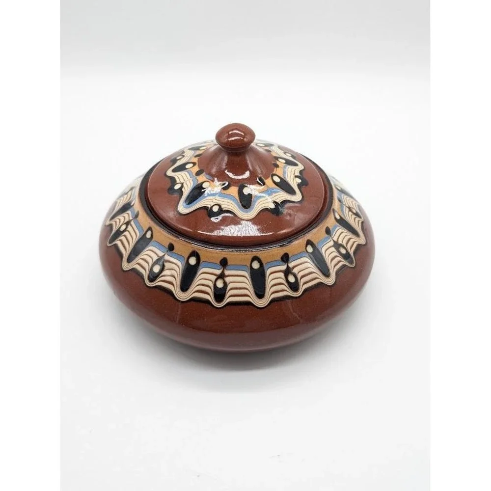 Vintage Bulgarian Troyan Pottery Lid‎ Candy Dish 90s Redware Folk Art Drip Glaze